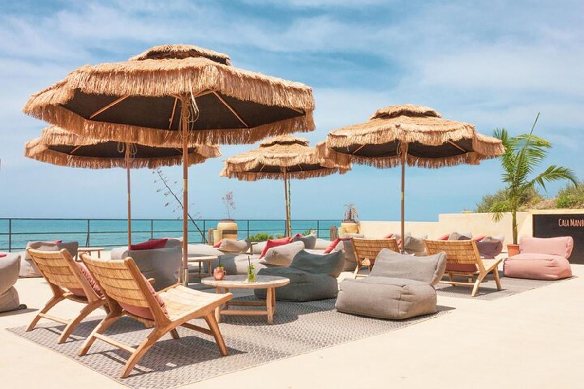 a group of chairs and umbrellas on the beach