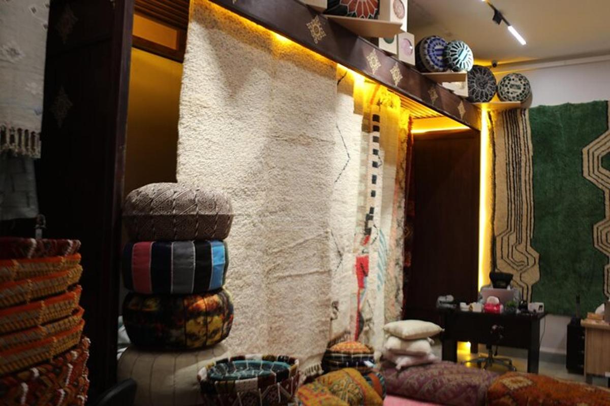 a room with a couch and a wall with baskets