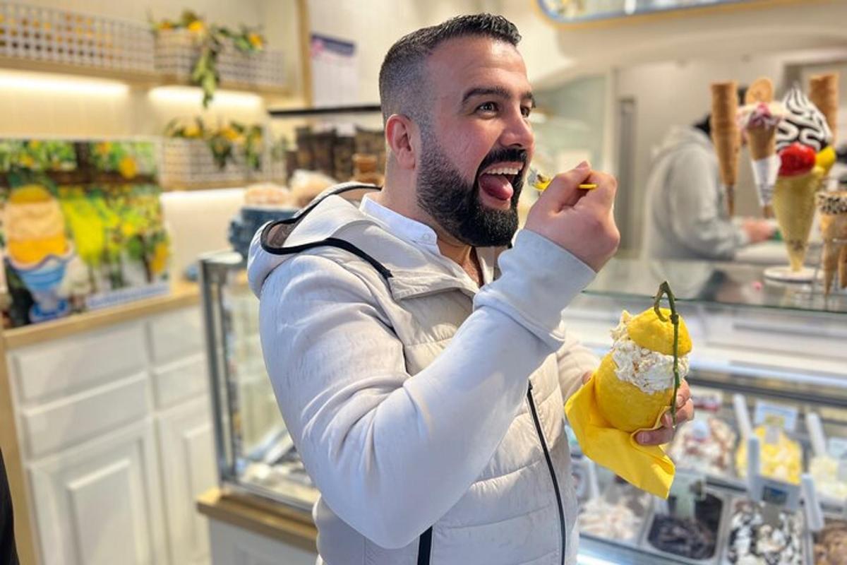 a man is eating a sandwich in a store