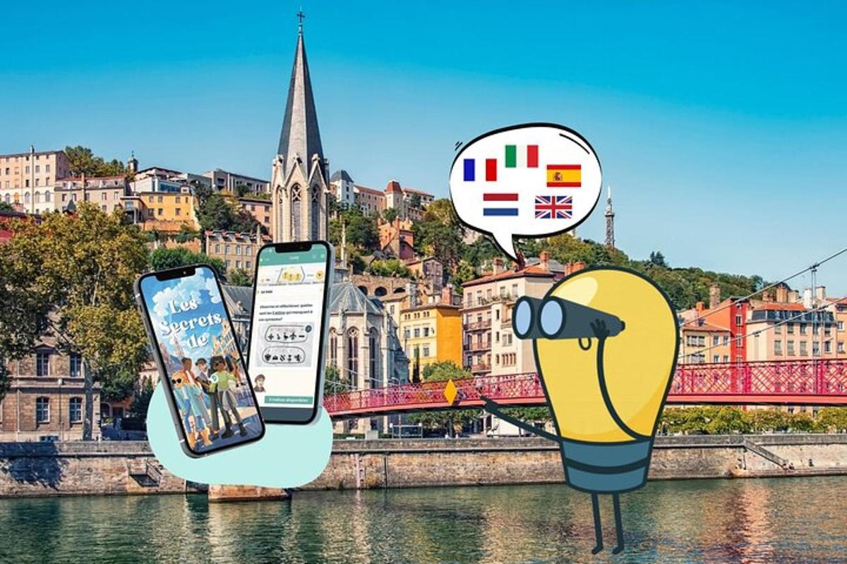 twee mobiele telefoons liggen in het water voor een stad