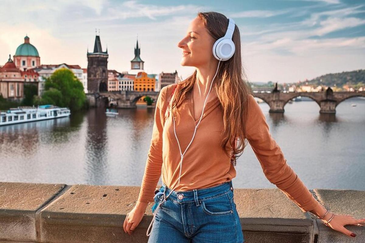 kona með heyrnartól og horfir á ána