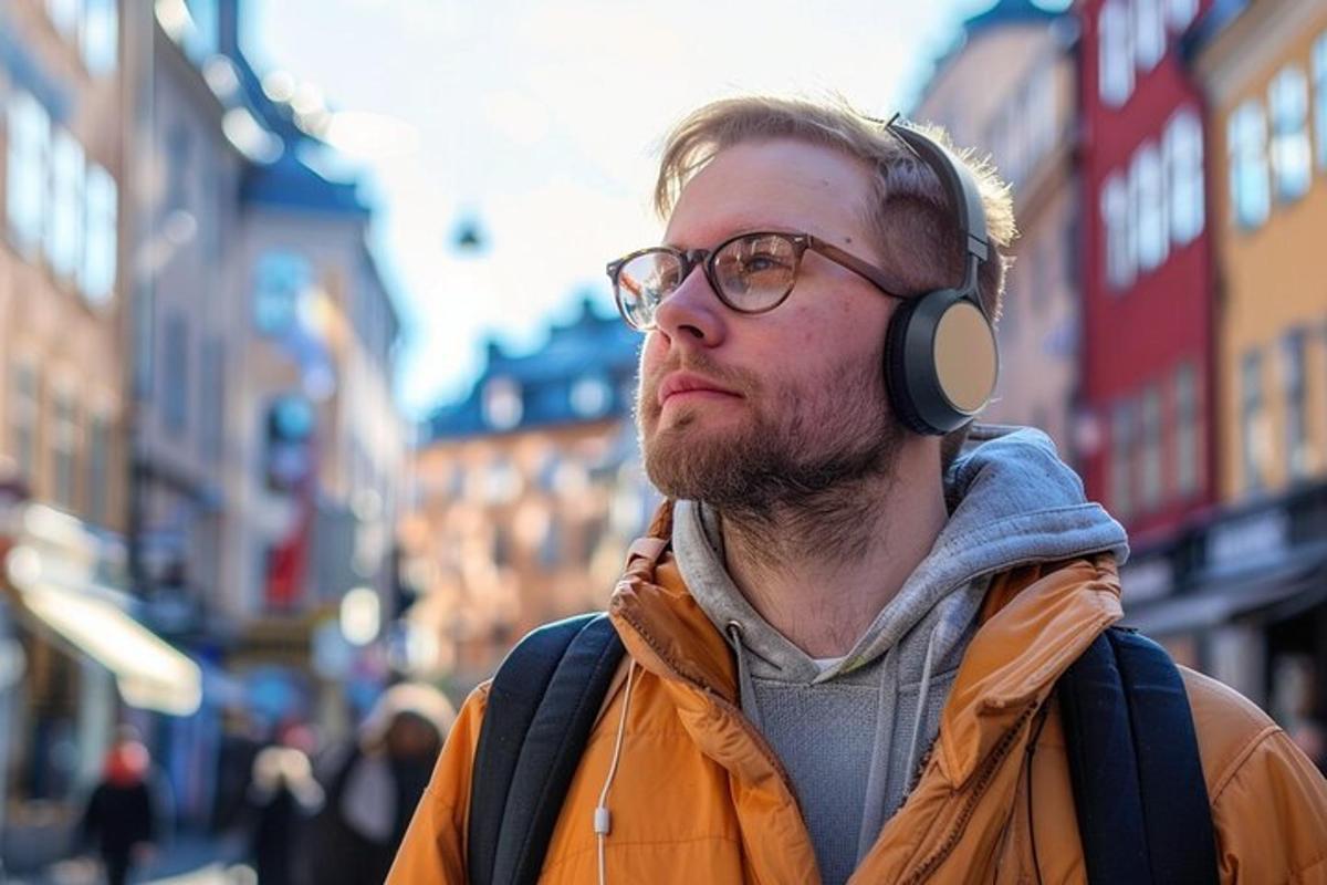 a man with headphones on his head on a city street