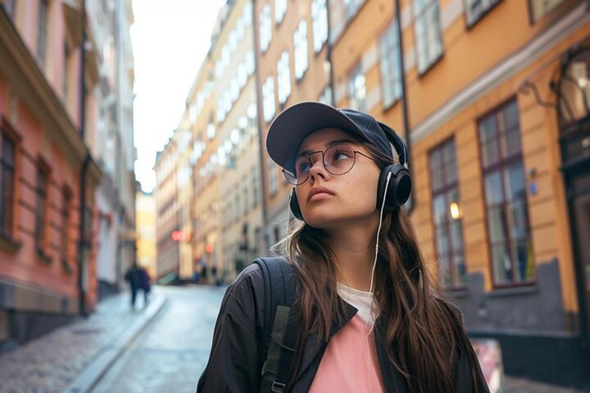 a woman wearing headphones and a hat and glasses
