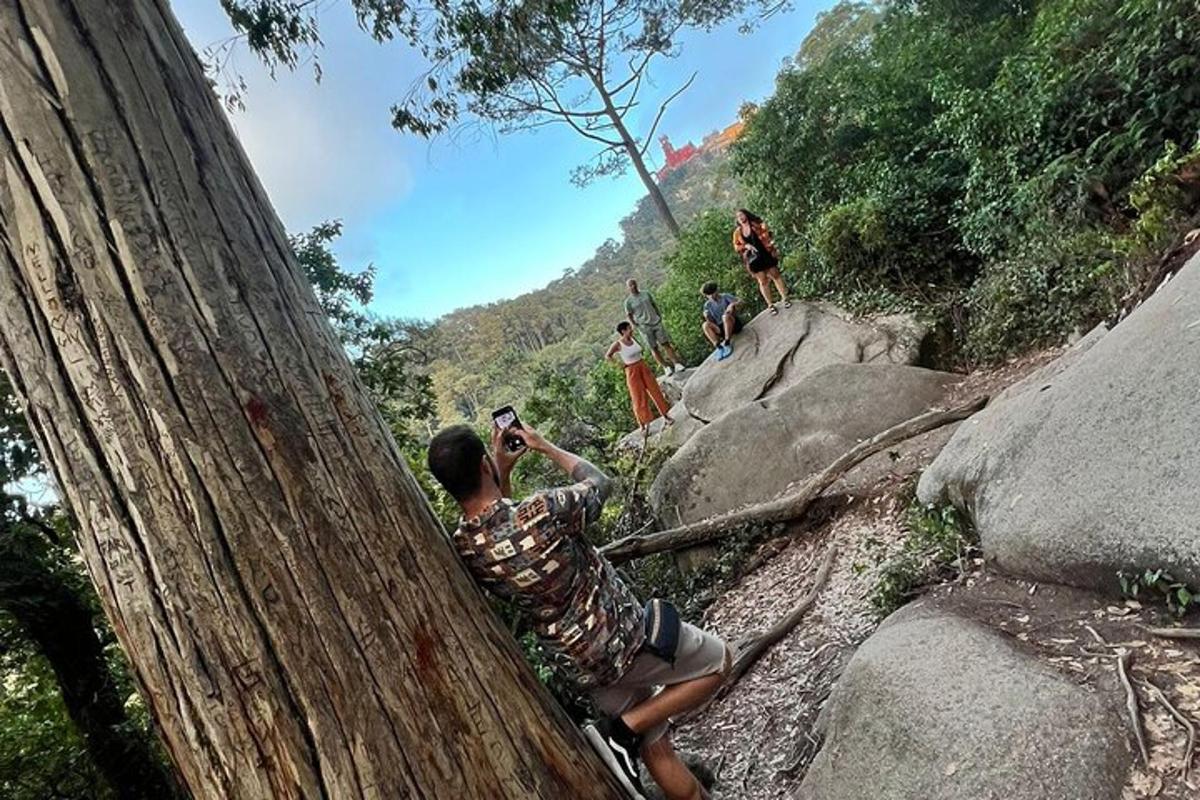 a man taking a picture of people on a tree