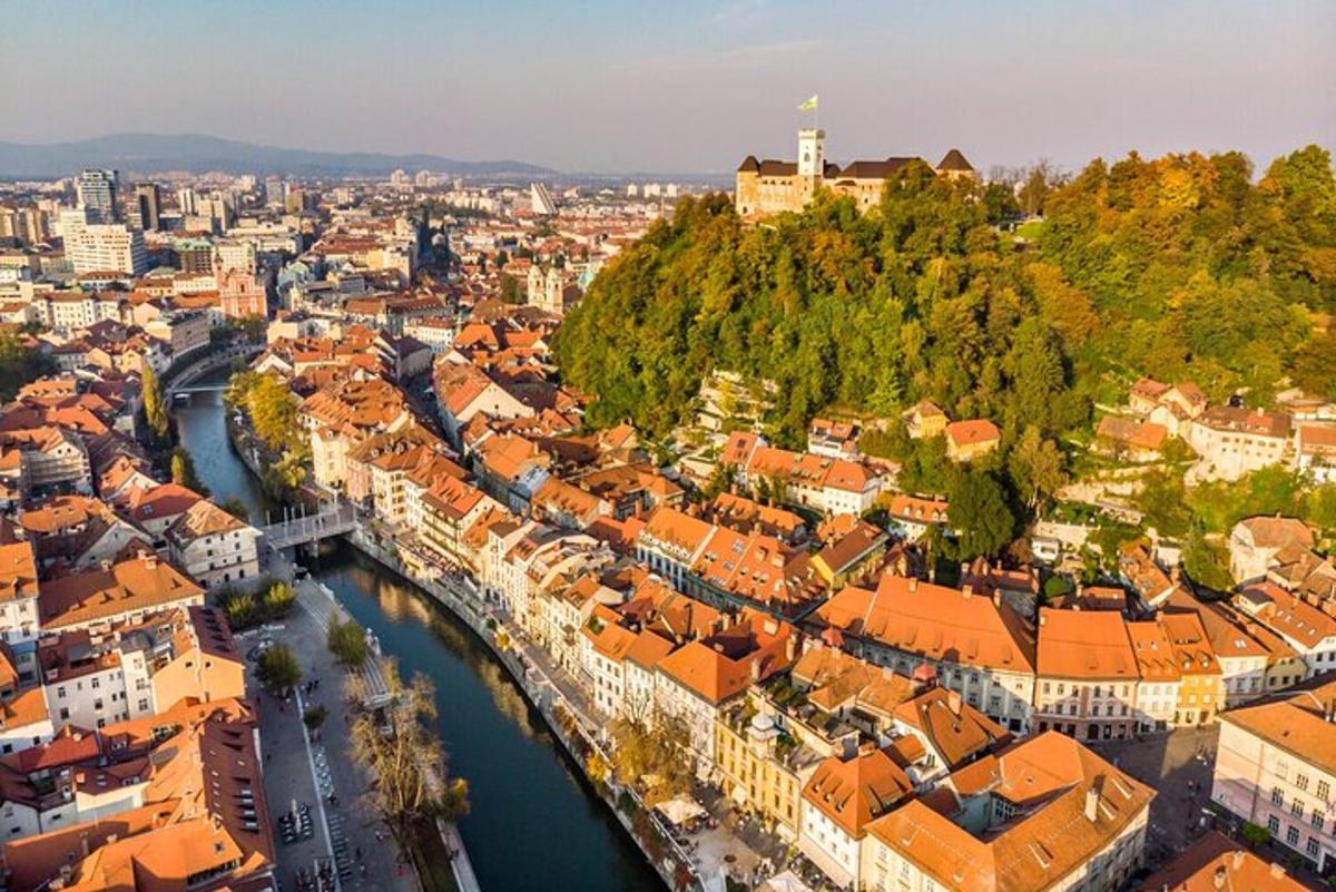 eine Luftaufnahme einer Stadt mit einem Fluss und Gebäuden