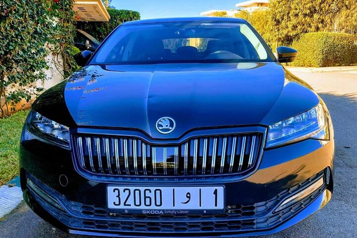 modré auto je zaparkované na příjezdové cestě