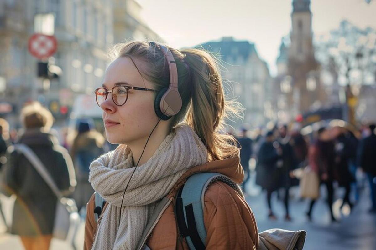 žena se sluchátky na uších na rušné městské ulici
