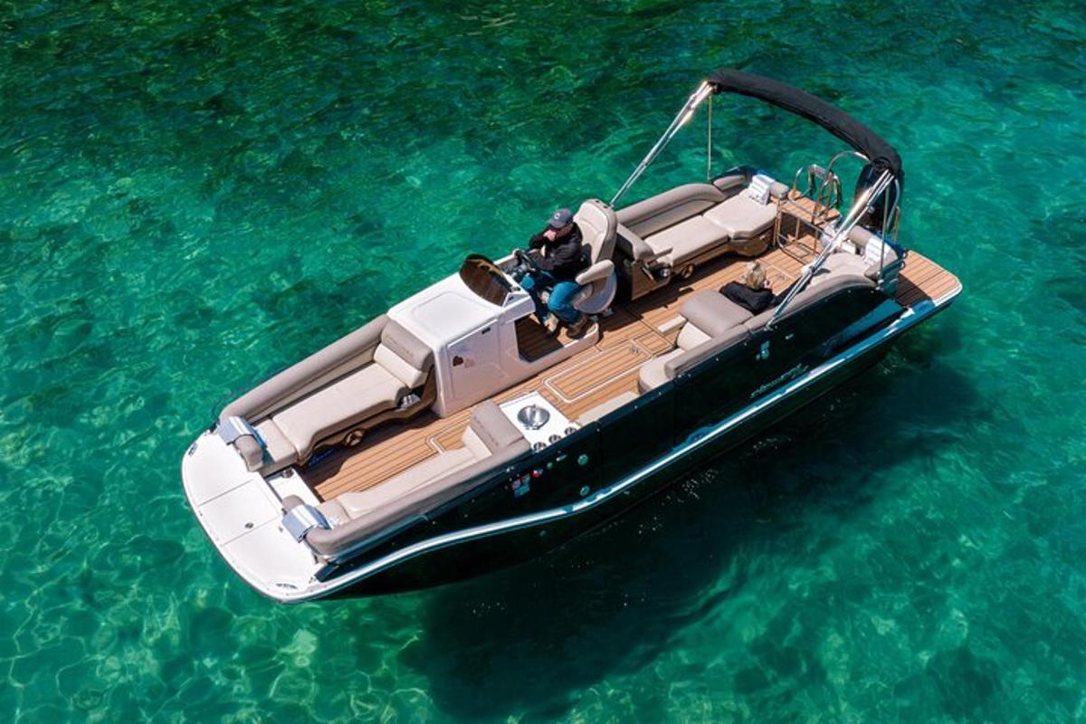 a small boat floating in the water
