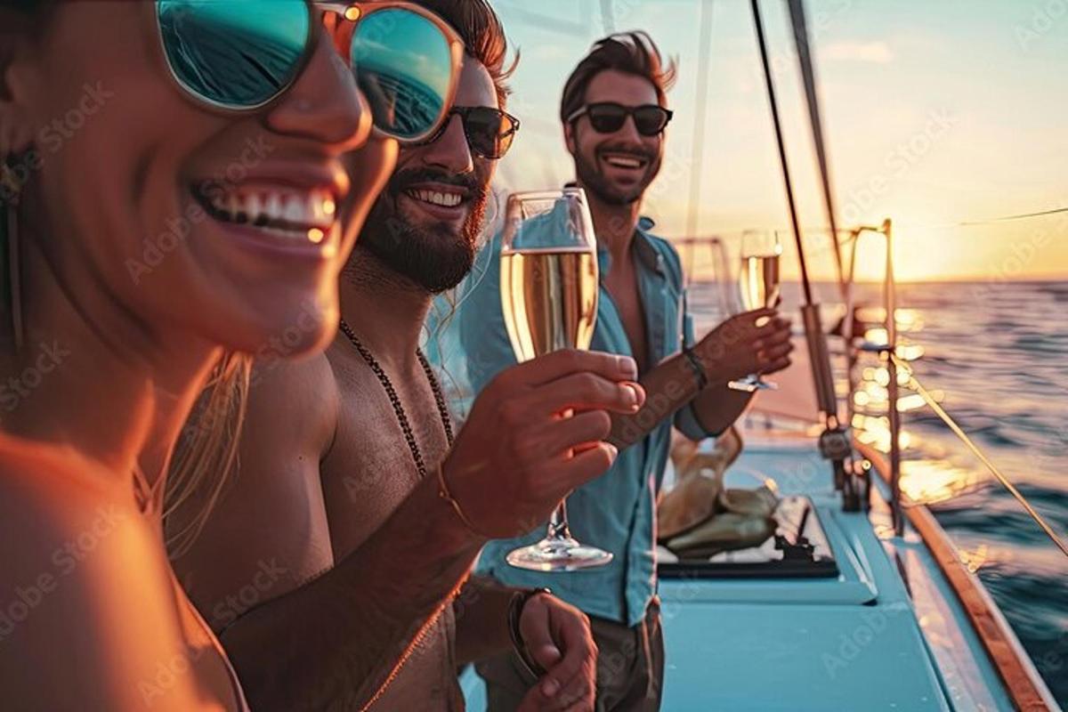 three people on a boat with glasses of champagne