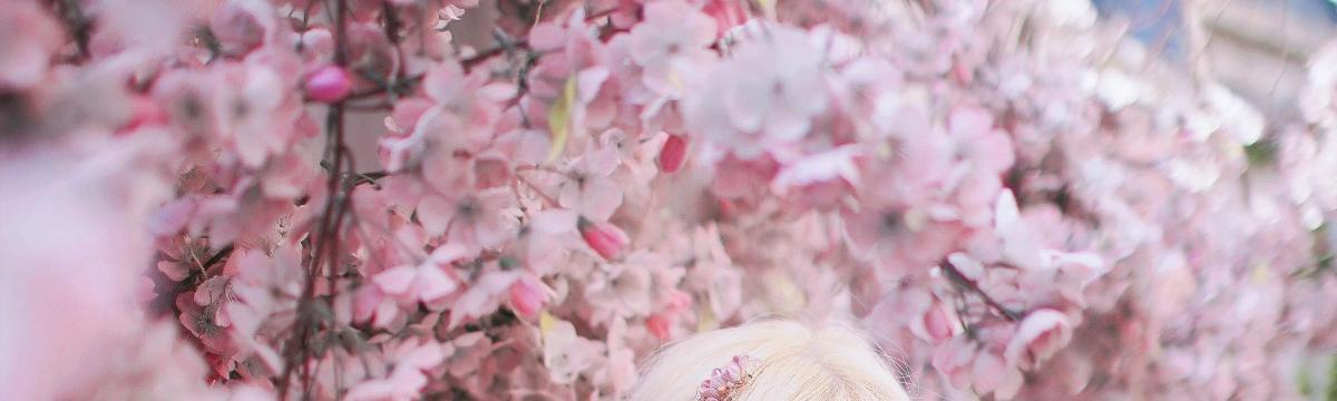 una persona dempeus davant d'una paret de flors roses