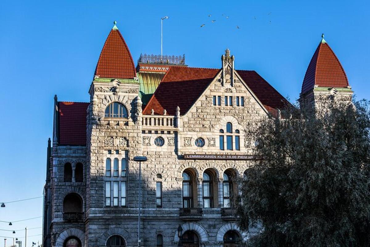 a large stone building with red roof