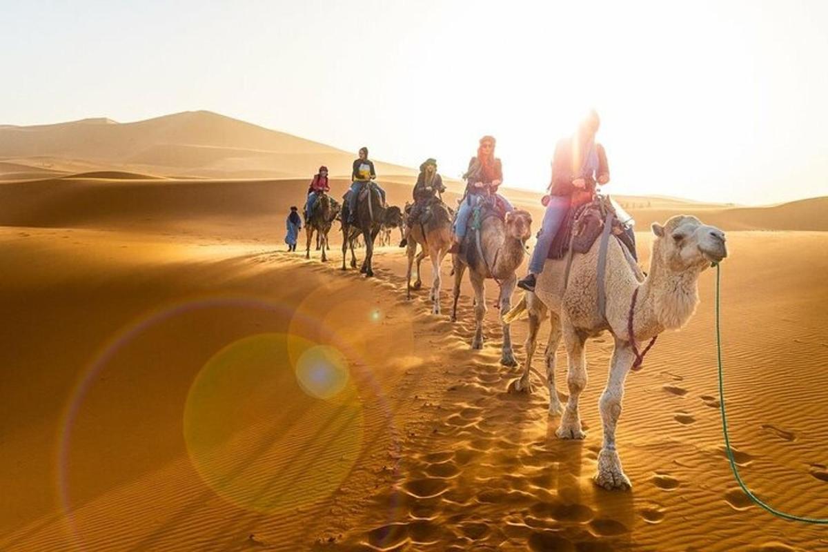 Un grupo de personas montando camellos en el desierto.