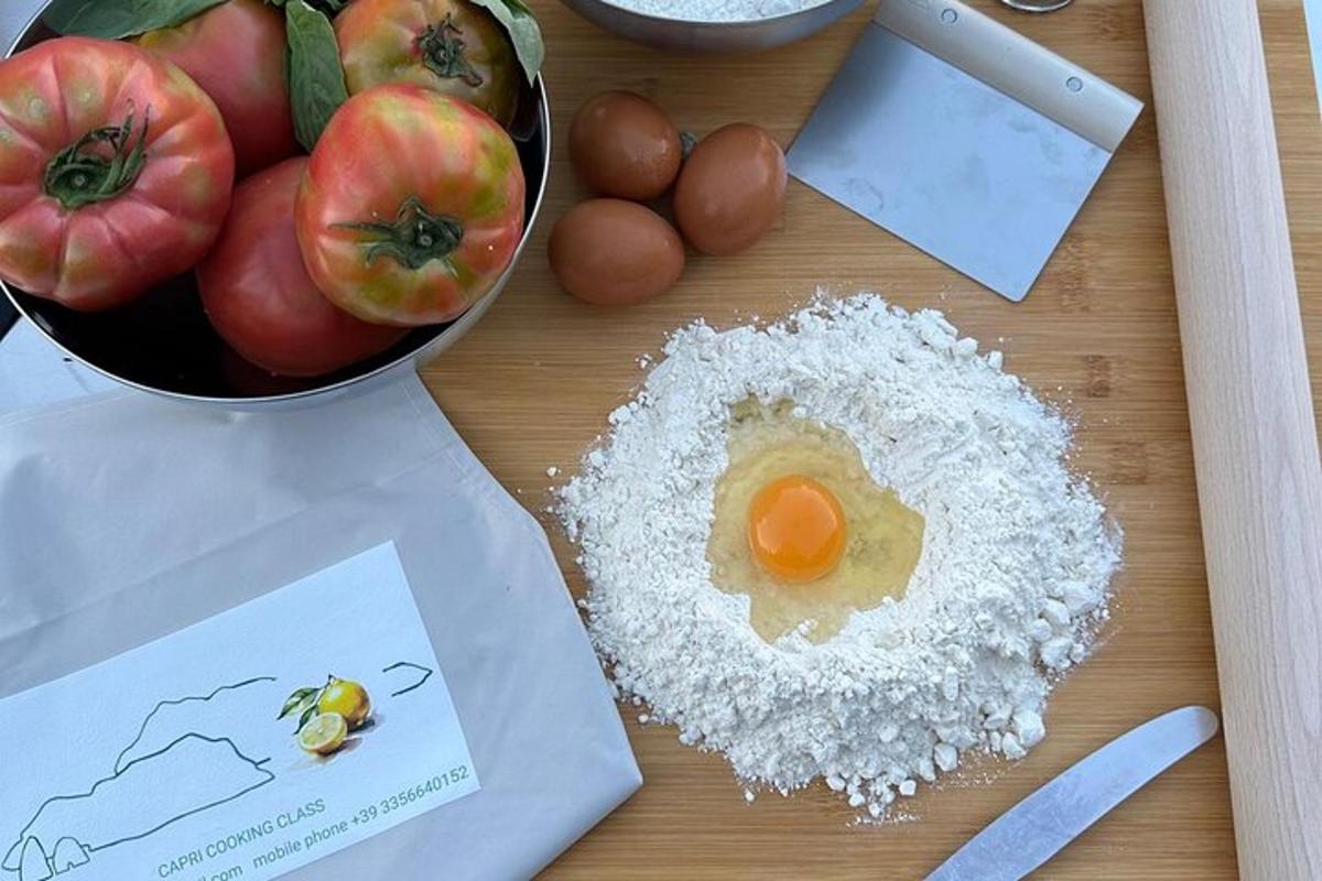 a table with a bowl of tomatoes and a bowl of eggs