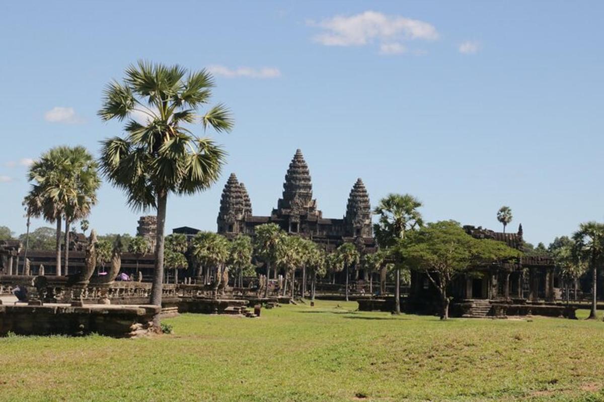 pemandangan kuil dengan pokok palma di hadapan