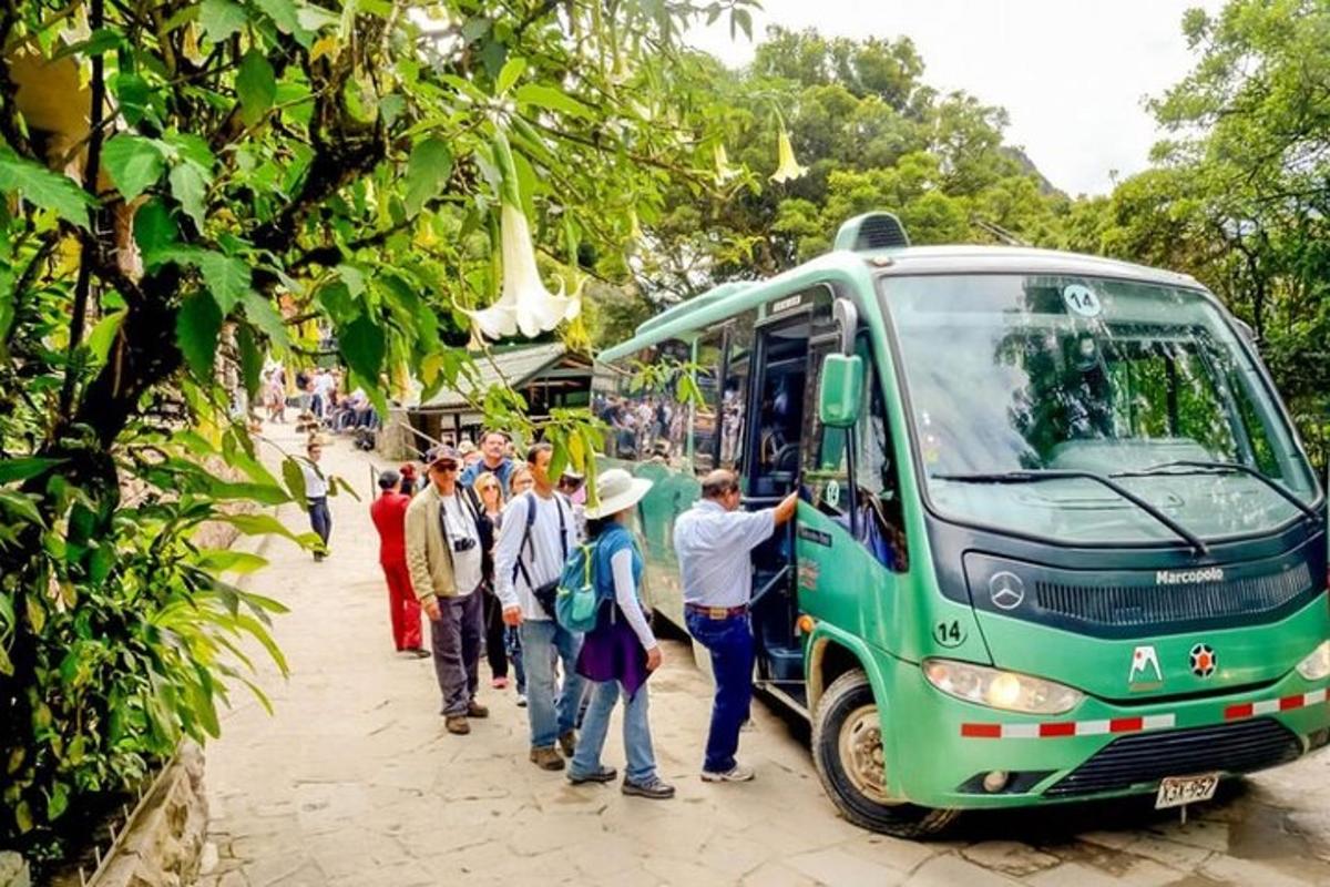 un gruppo di persone in piedi accanto a un autobus verde