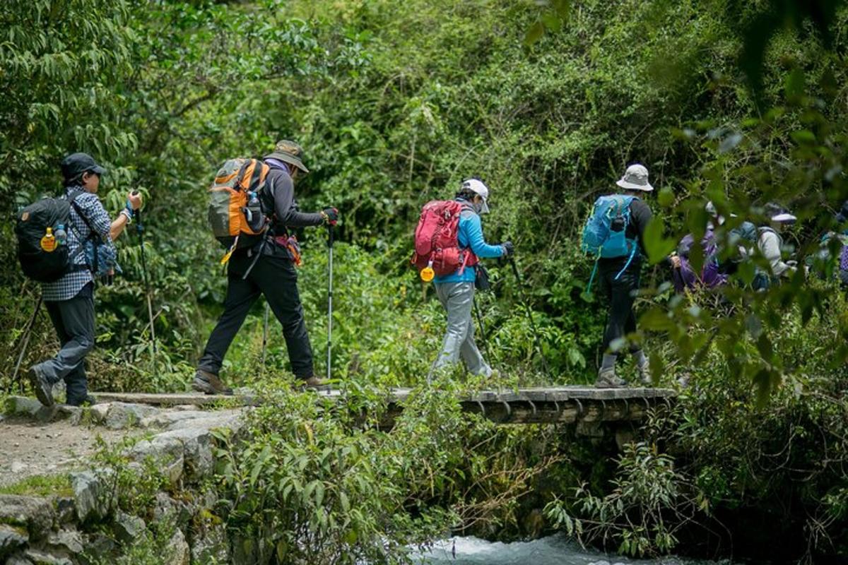 un grup de persones caminant per un pont sobre un riu