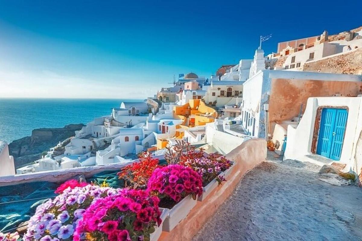 a view of a village with white buildings and flowers