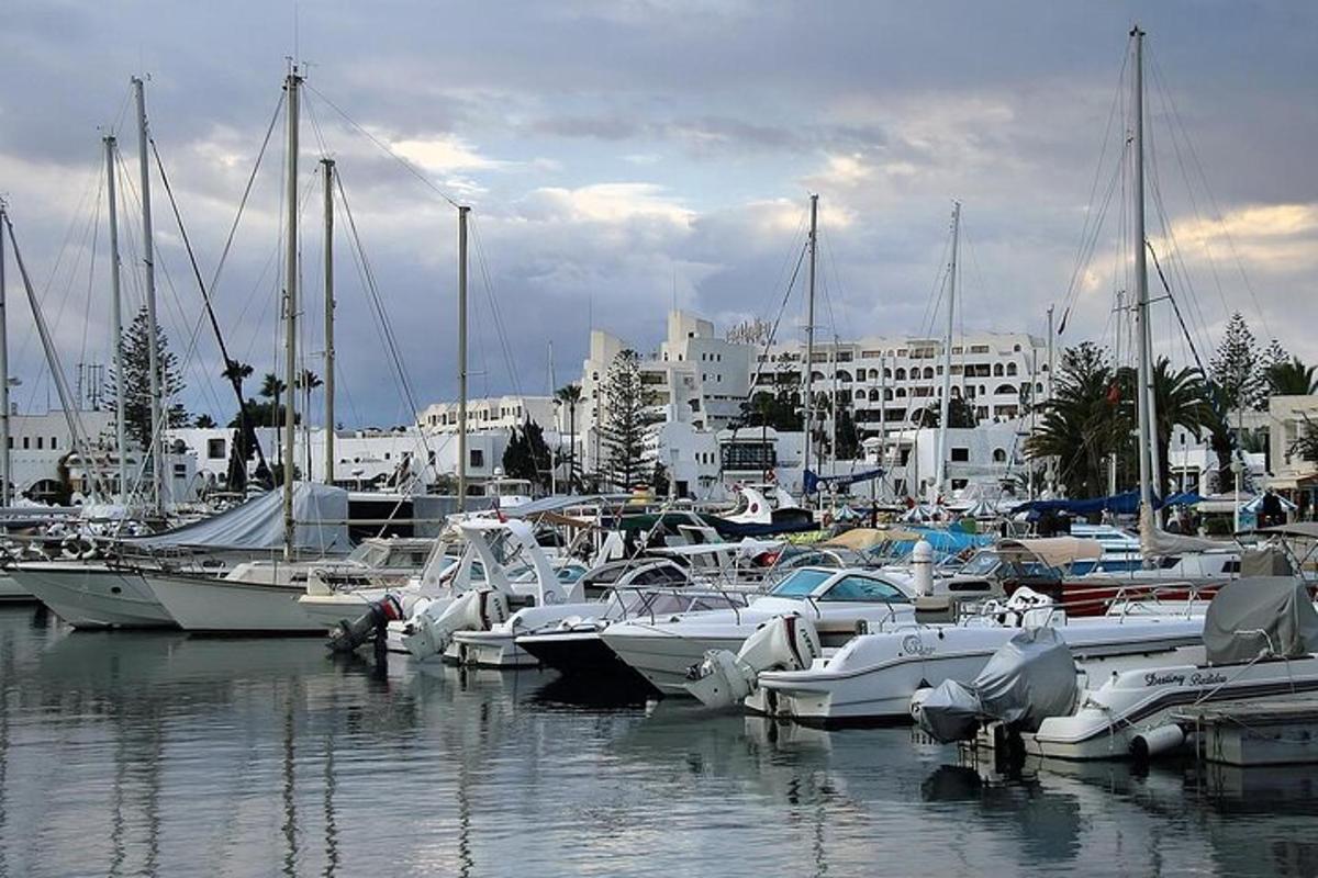 a group of boats docked in a harbor with buildings