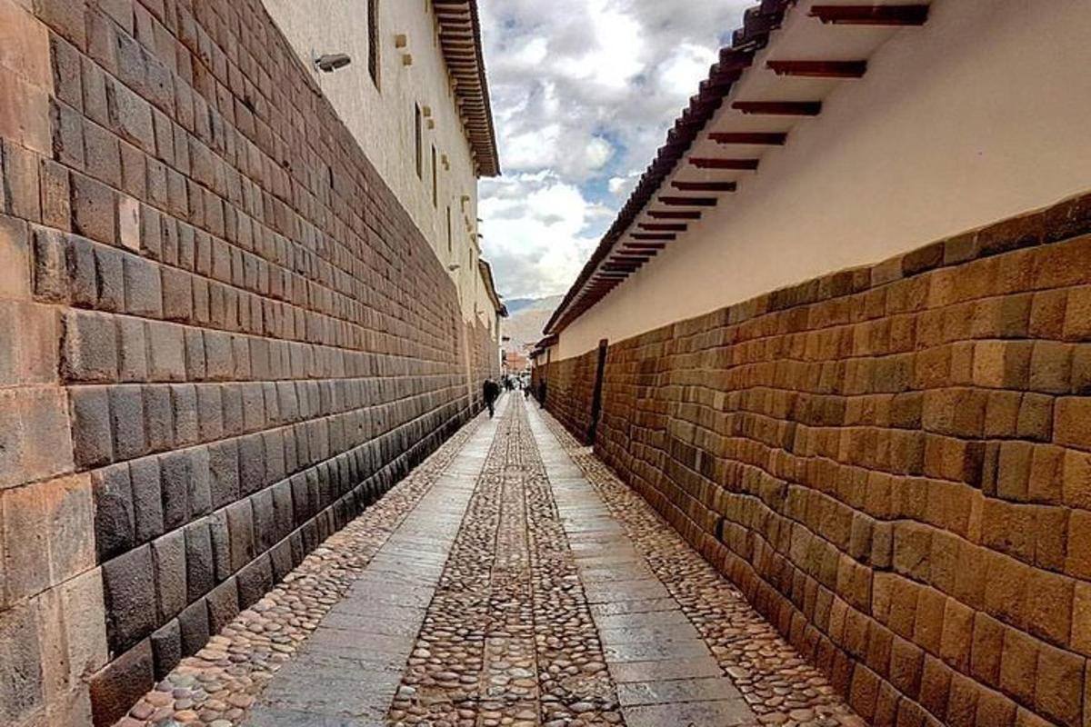 un vicolo tra due edifici con un muro di mattoni