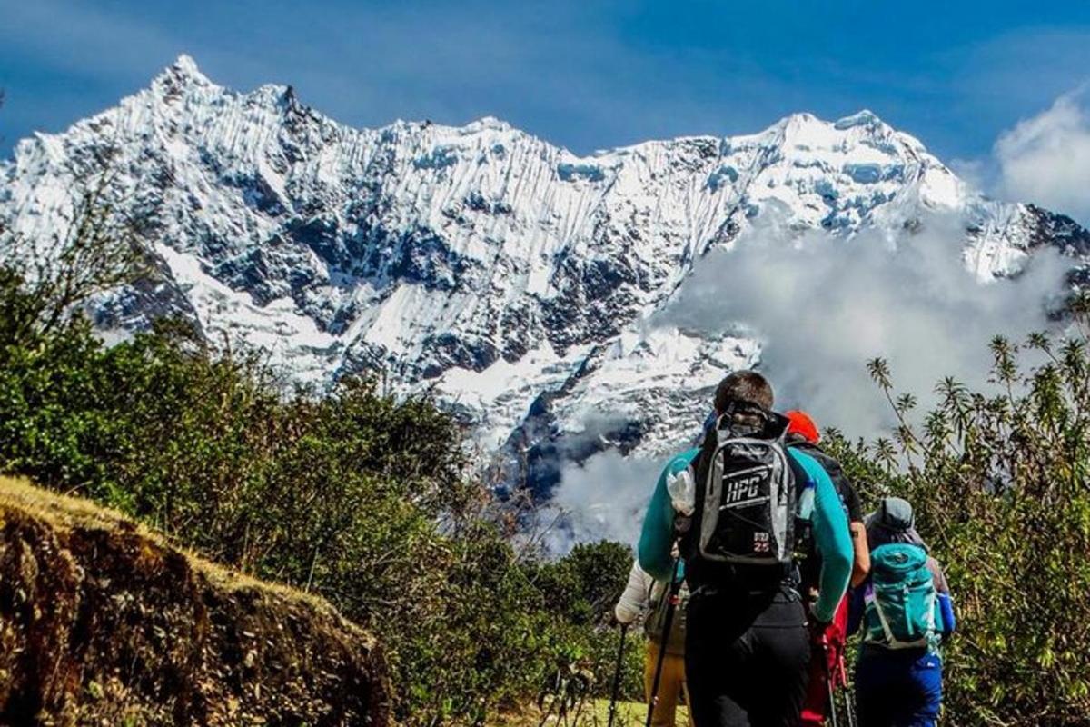 zwei Personen mit Rucksäcken wandern einen Berg hinauf