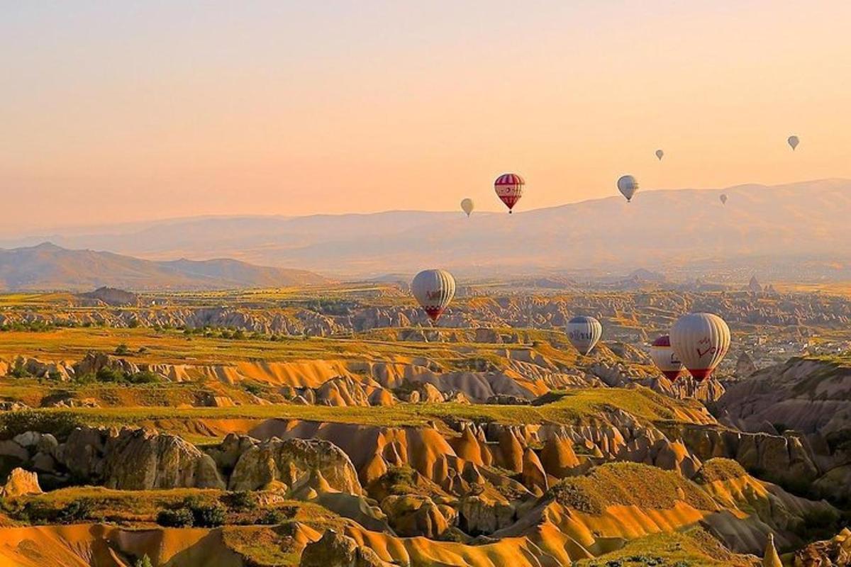 un gruppo di mongolfiere che volano sopra una montagna