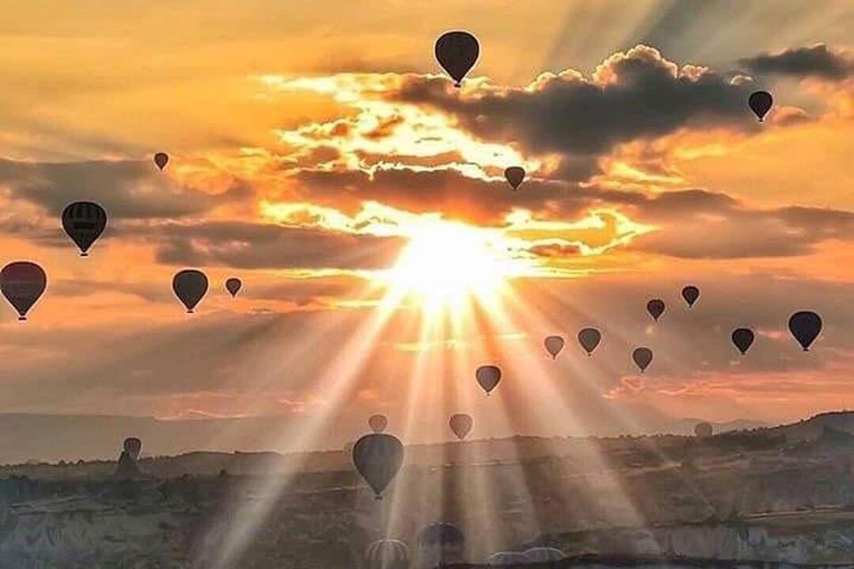 un gruppo di mongolfiere che volano al tramonto