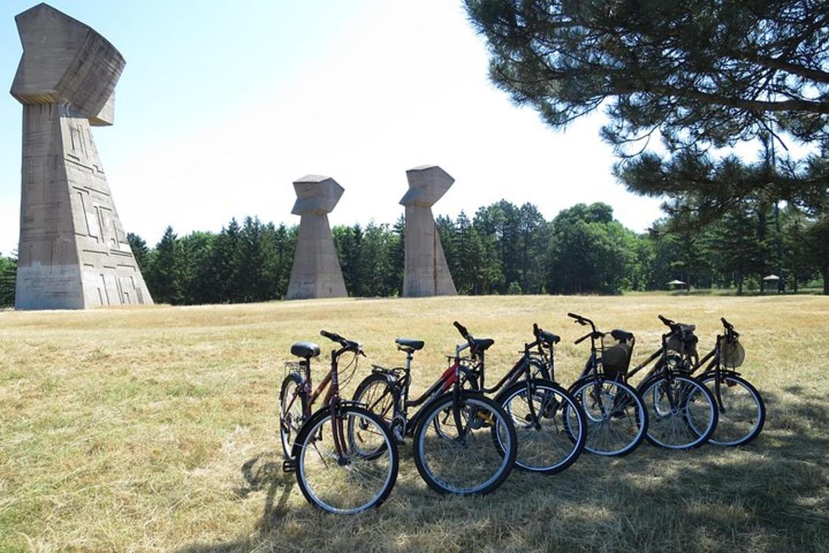 a group of bikes parked in a field