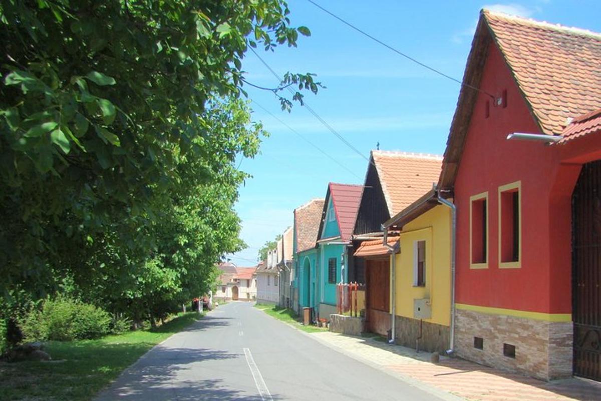 una strada in un villaggio con case colorate