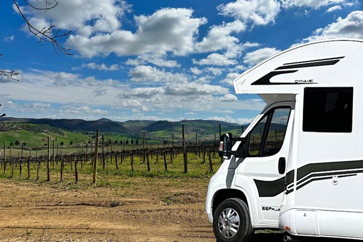 un camion bianco parcheggiato davanti a un vigneto