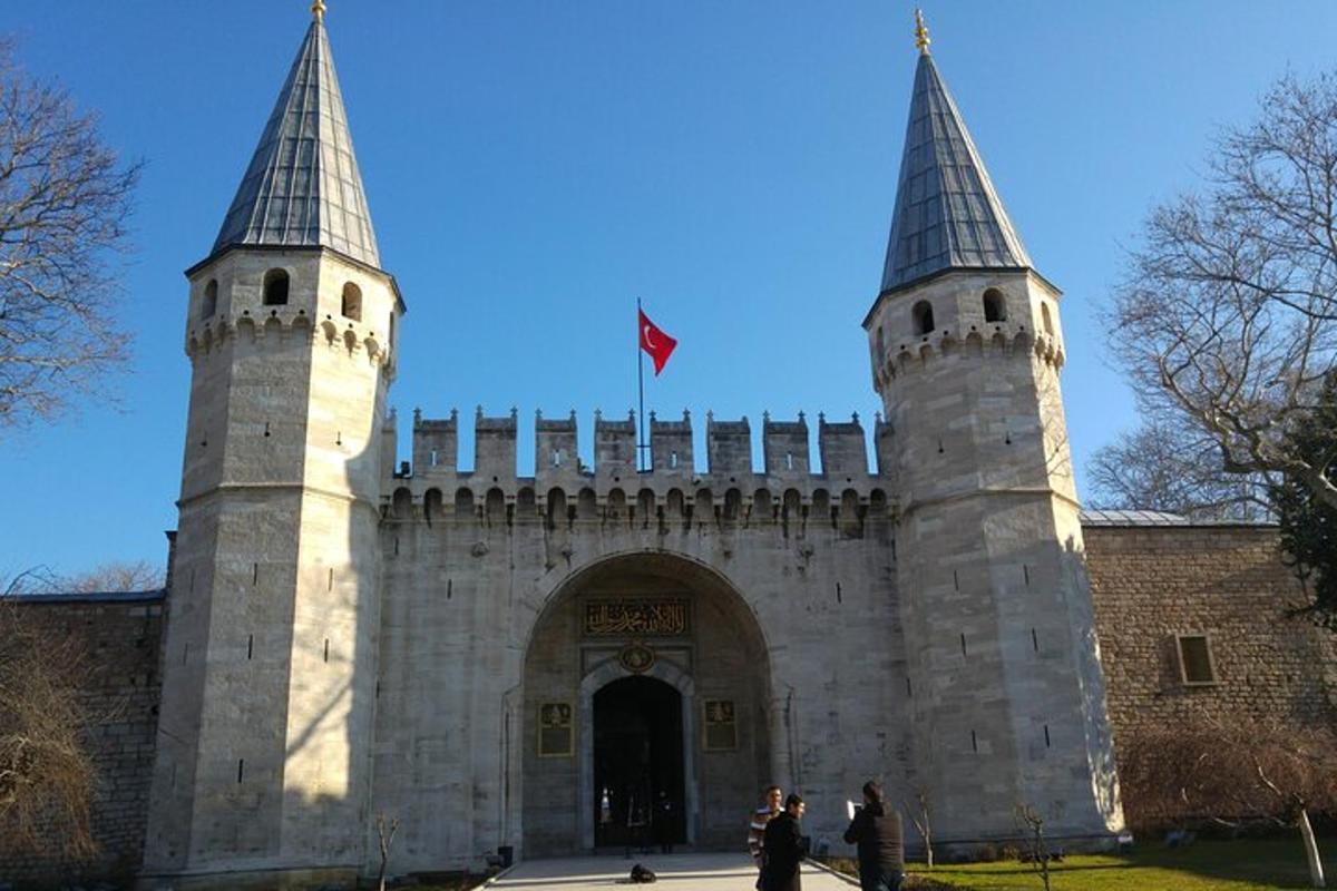 un castell amb dues torres i una porta amb una bandera