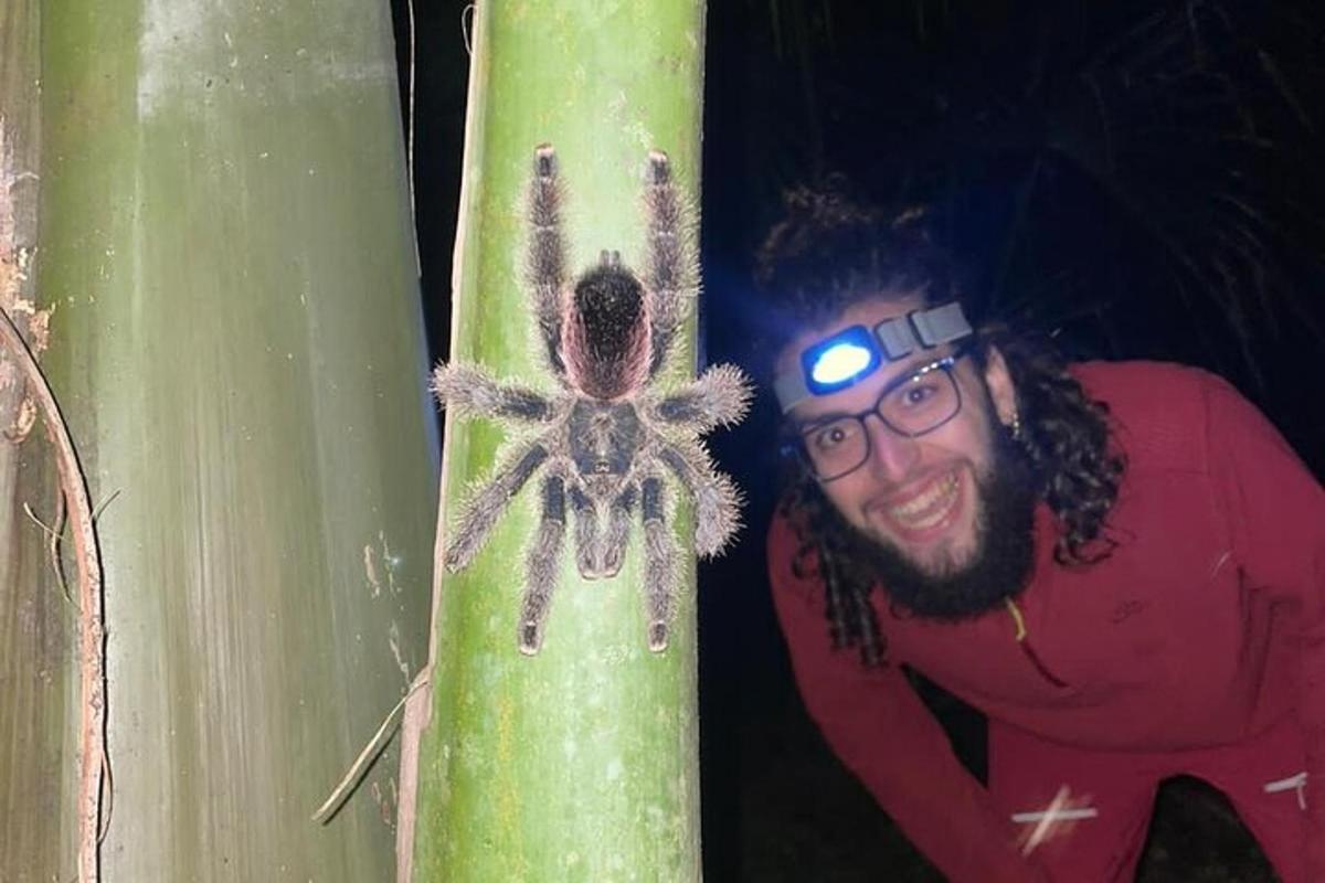 Un hombre con una araña en el costado de un calabacín.