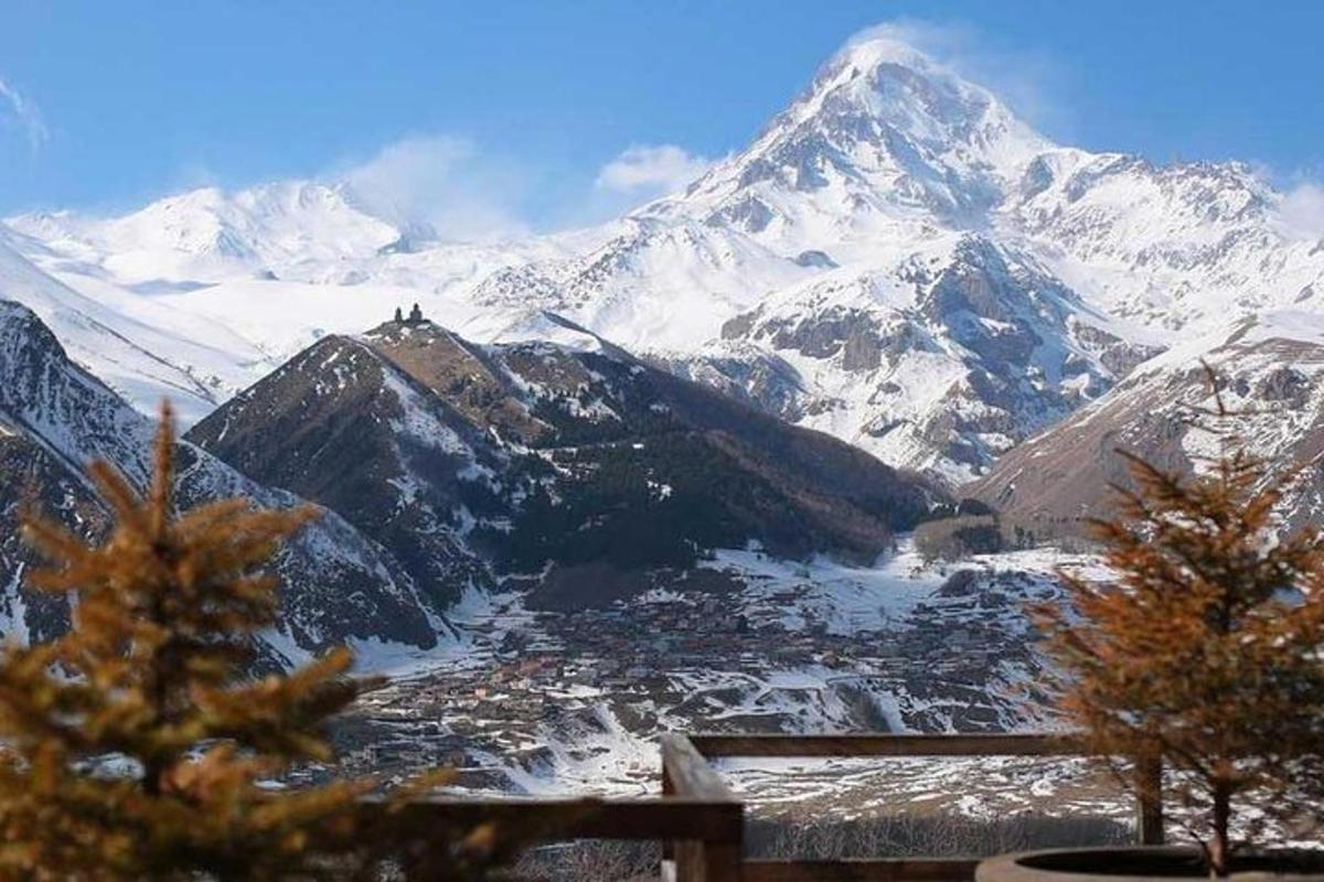 et snødekt fjell med en by foran seg