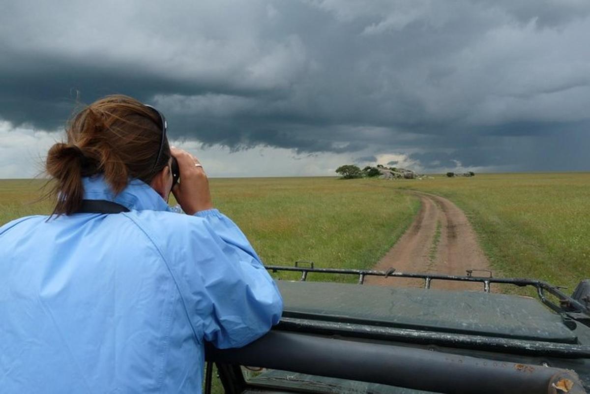 una donna che parla al cellulare guardando un campo