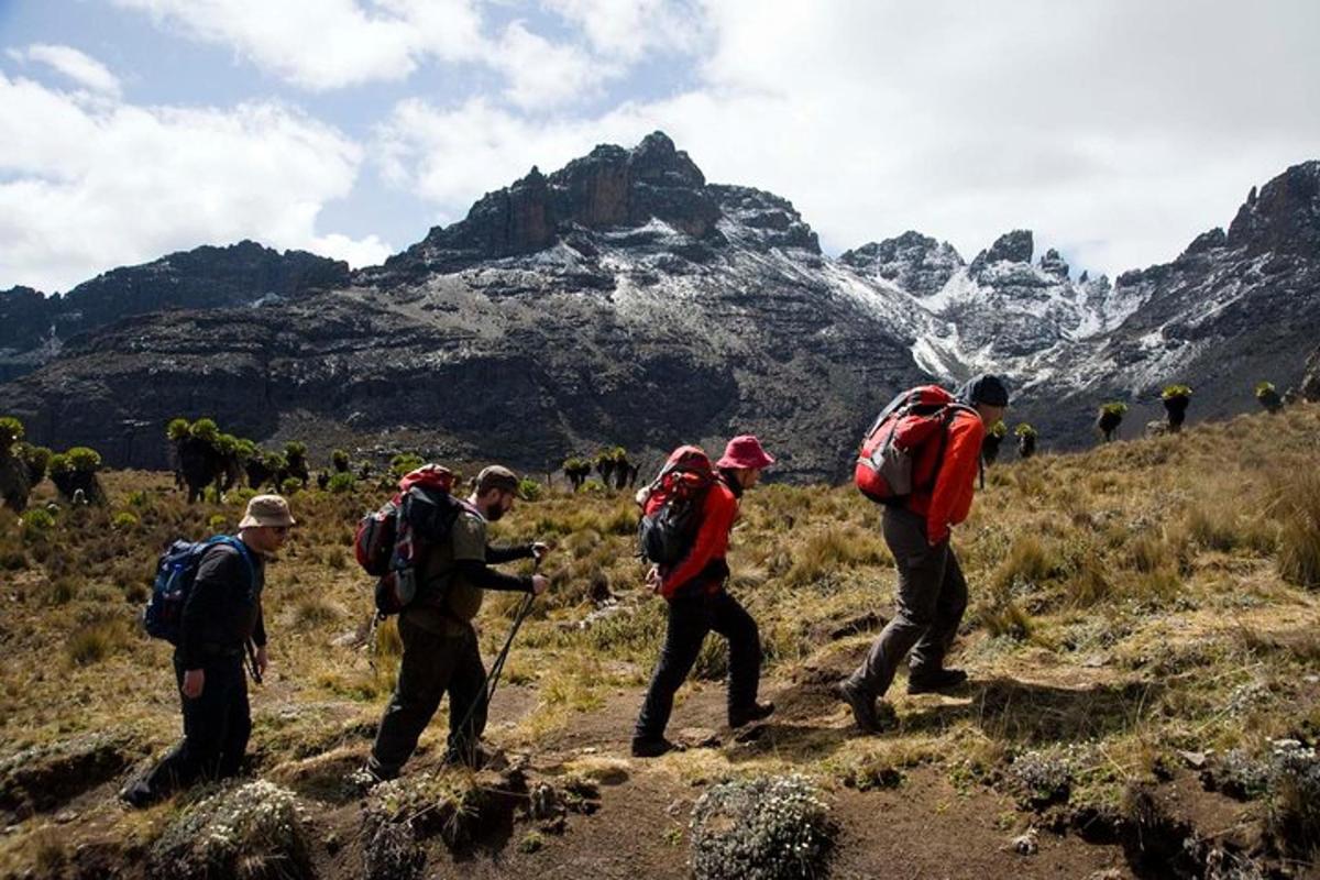 eine Gruppe von Menschen mit Rucksäcken, die auf einem Berg wandern