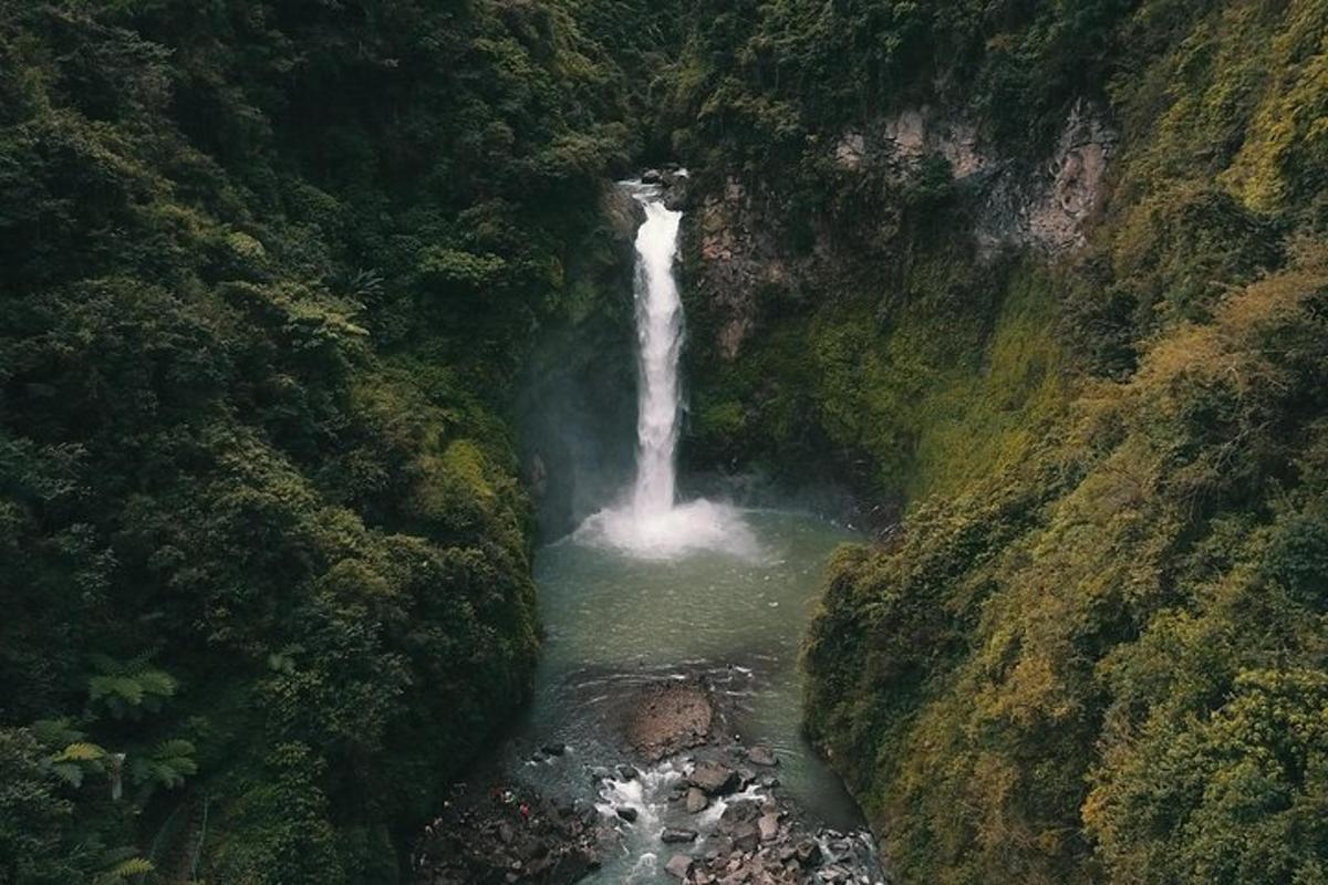 an aerial view of a waterfall in a forest