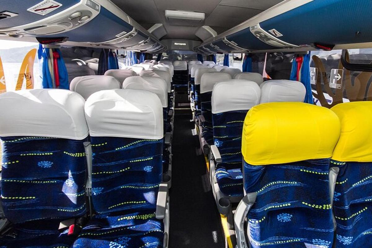 prázdný autobus s modrými a žlutými sedadly