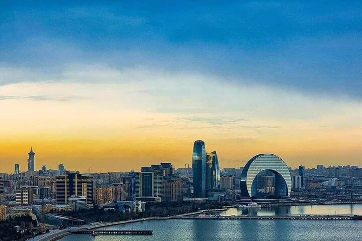 a view of a city skyline with a ferris wheel