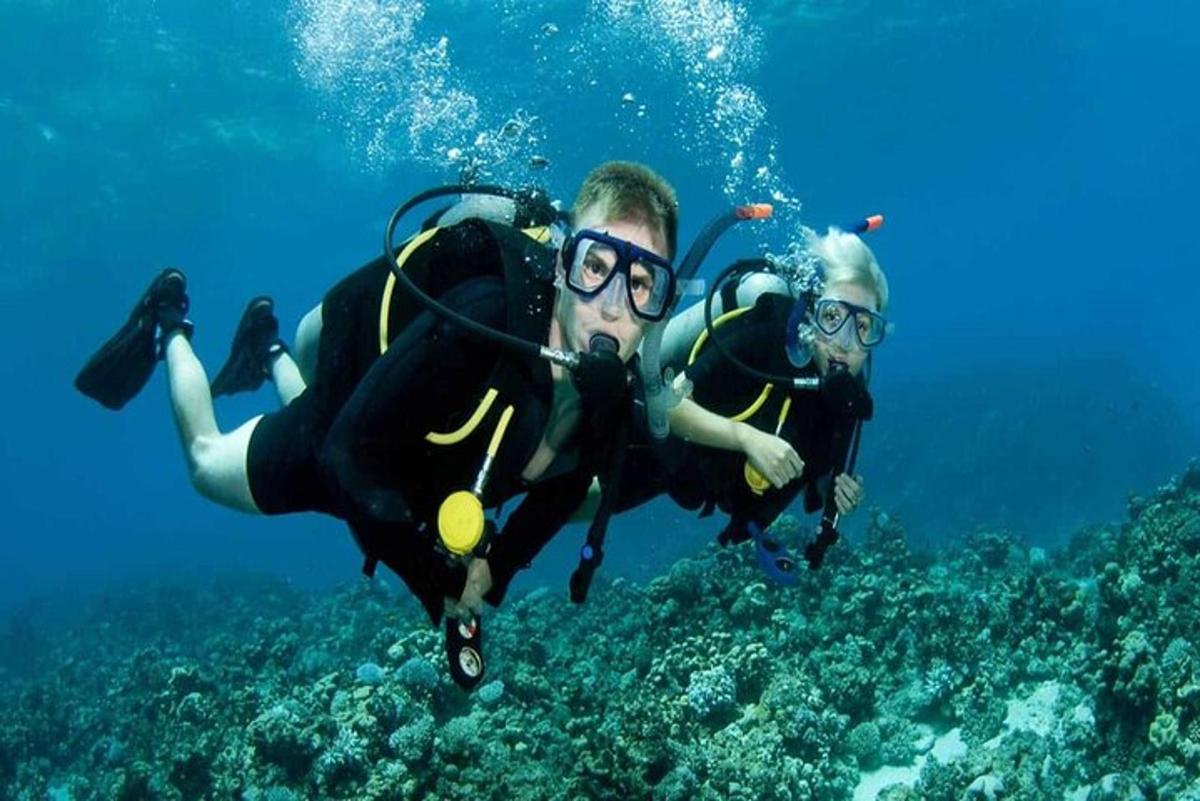 dva lidé v potápěčské výstroji plavou v oceánu