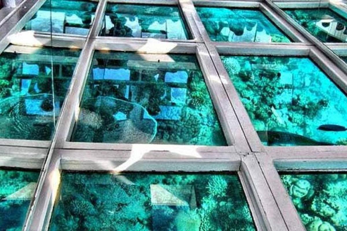 una finestra di vetro di un edificio con acqua al suo interno