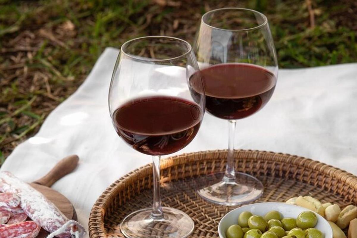 due bicchieri di vino rosso e un cesto d'uva