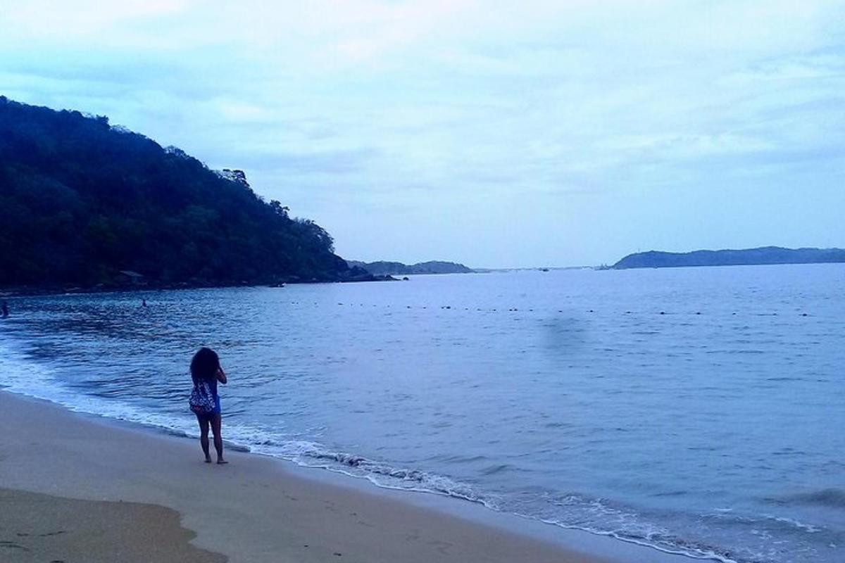 una persona in piedi su una spiaggia vicino all'acqua