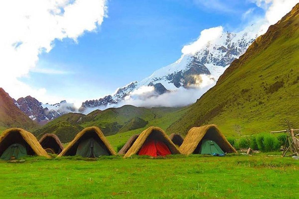 um grupo de tendas em um campo com uma montanha