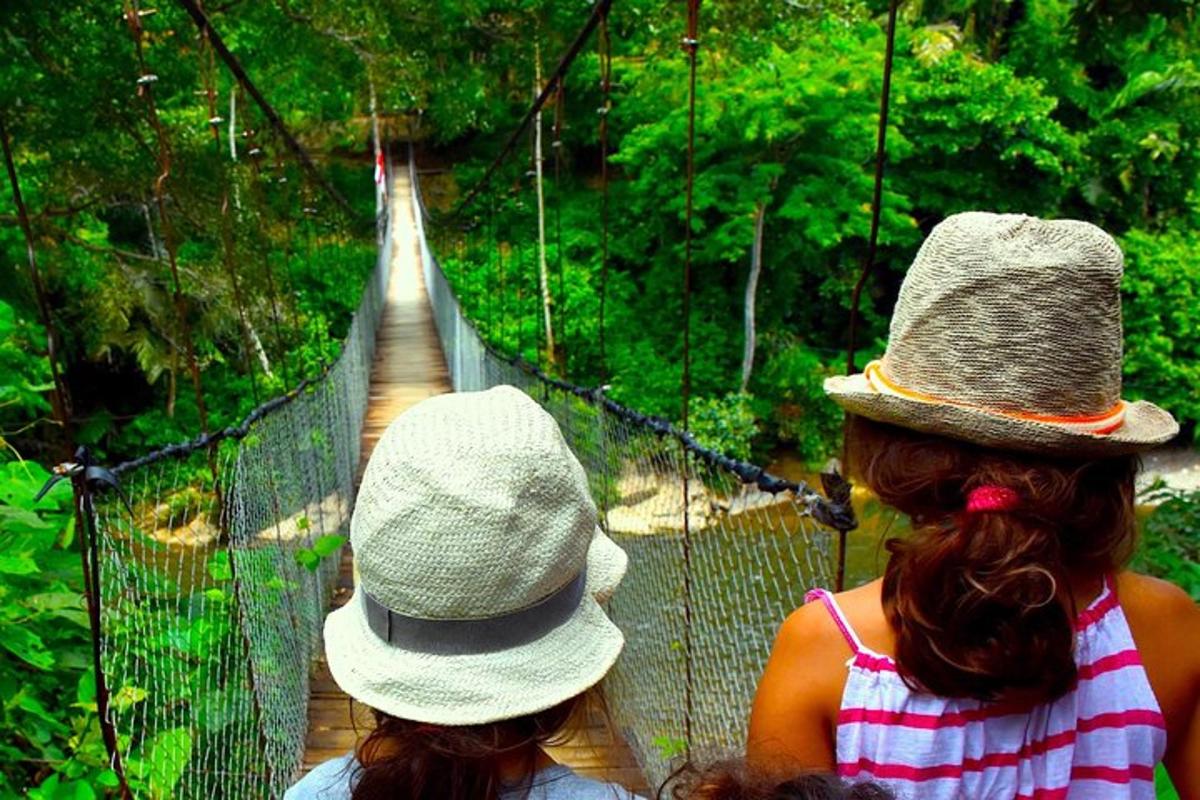 two people wearing hats on a suspension bridge