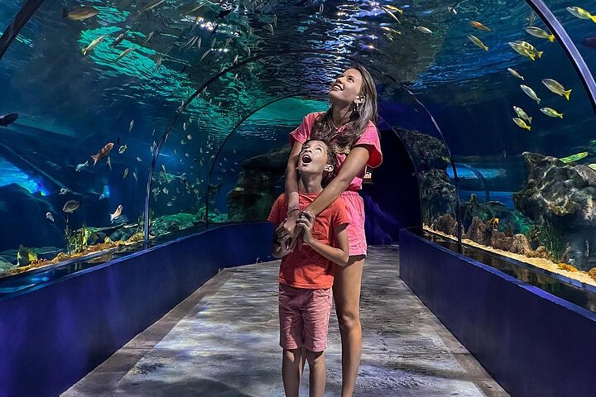 Una mujer y un niño de pie frente a un acuario.