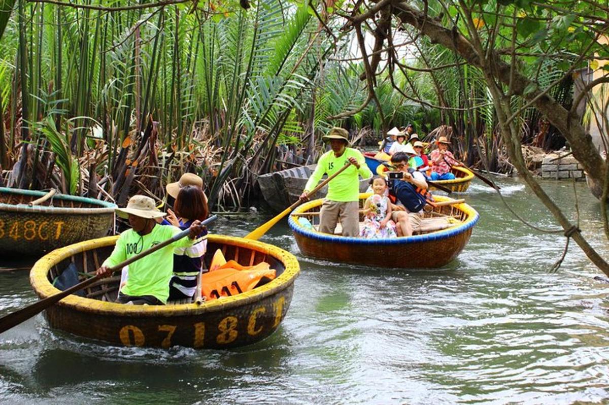 a group of people in boats on a river