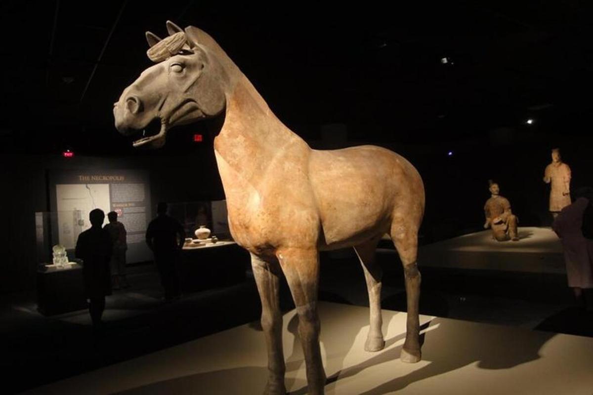 a statue of a horse on display in a museum