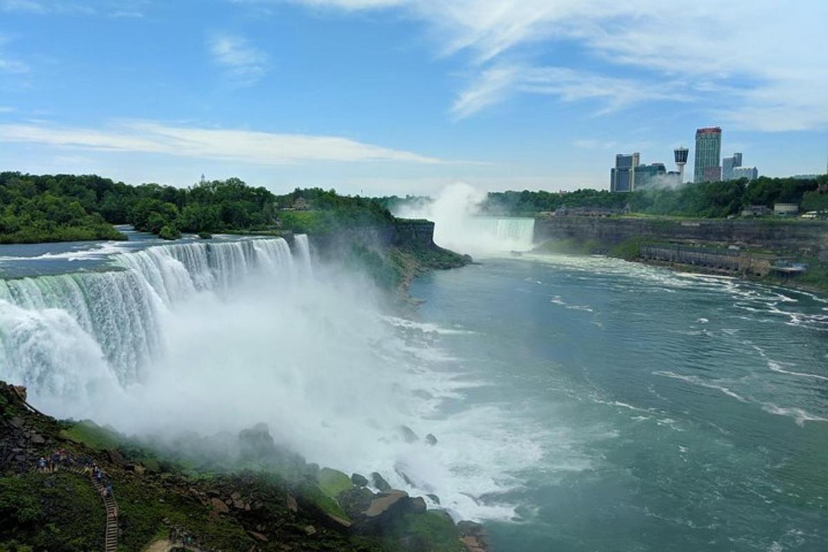 a view of a waterfall on a river