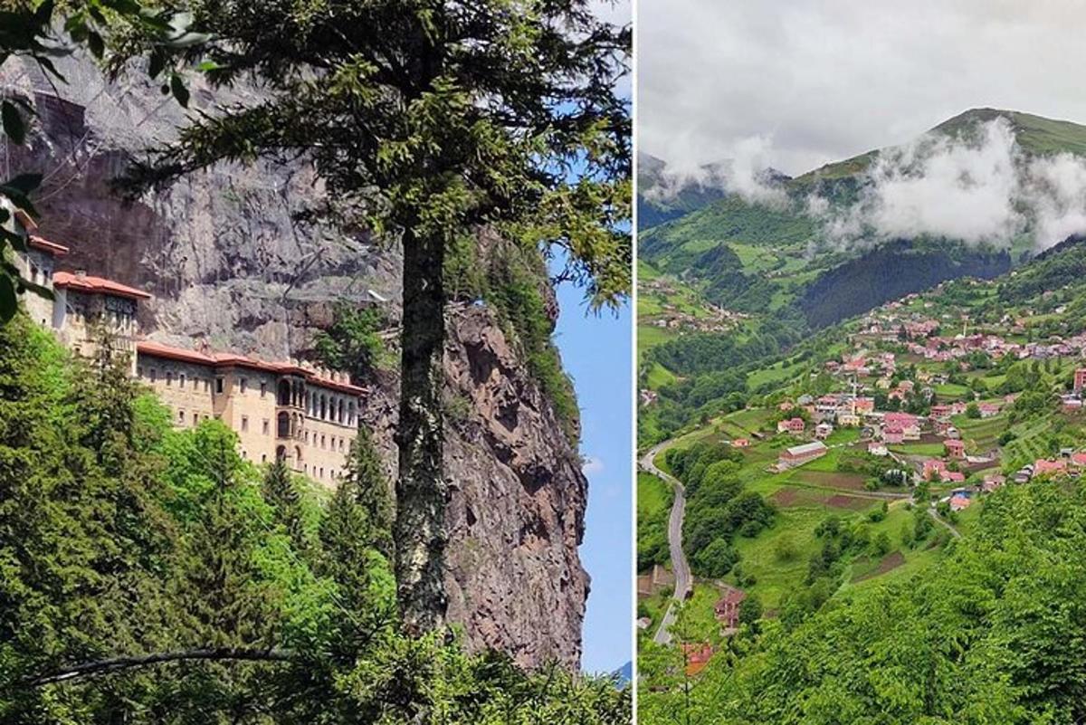 two pictures of a mountain with a building on it
