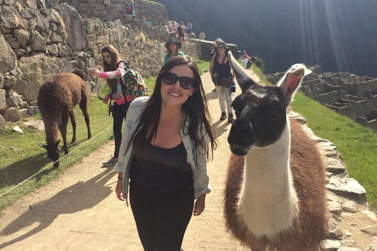 a woman standing next to a llama on a path
