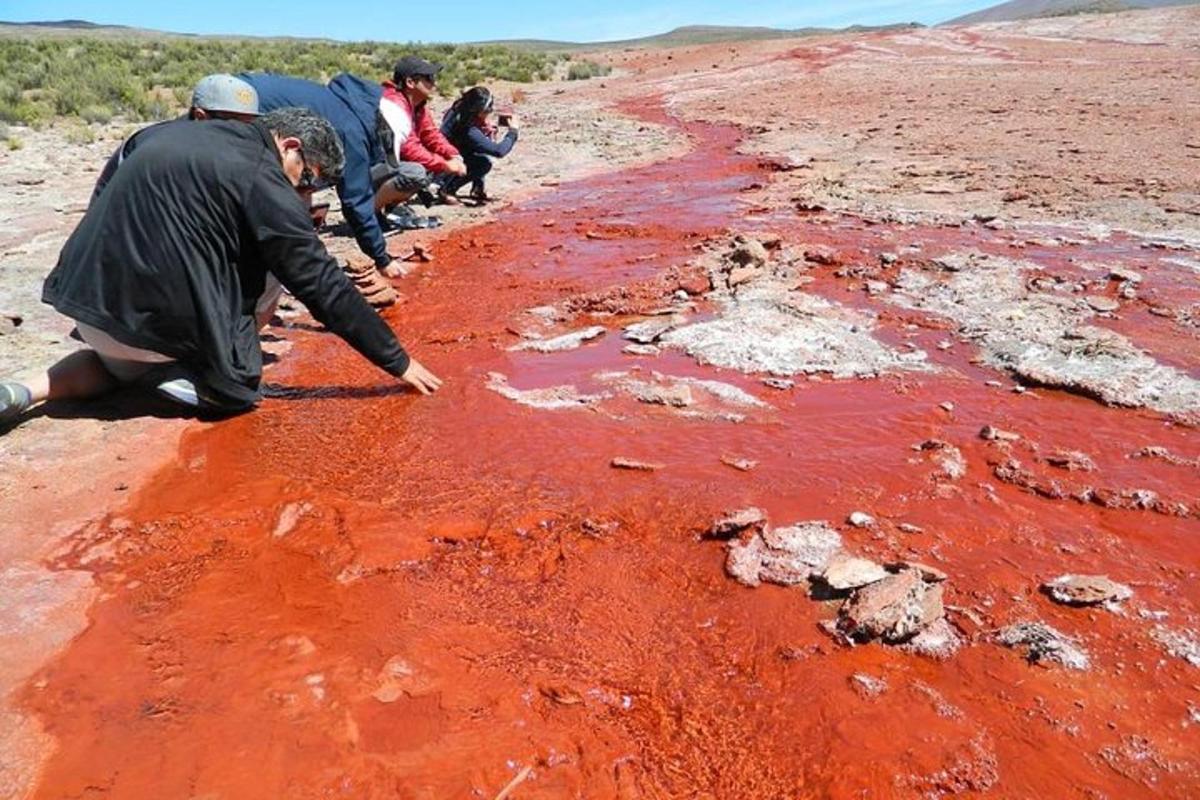 a group of people kneeling in a red dirt field